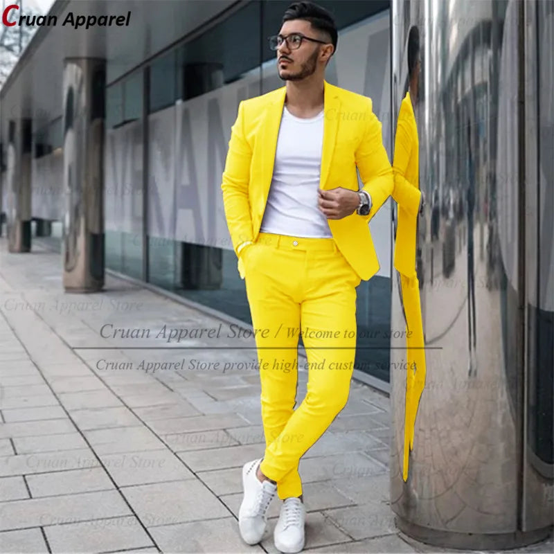 Custom Made Fashion Fuchsia Suit Men Set New Party Wedding Groom Suit Slim Fit Streetwear Casual Beige Classic Jacket Pants 2Pcs - Ellianto fashion Men's