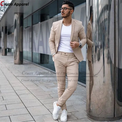 Custom Made Fashion Fuchsia Suit Men Set New Party Wedding Groom Suit Slim Fit Streetwear Casual Beige Classic Jacket Pants 2Pcs - Ellianto fashion Men's