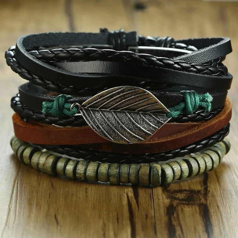 HER KING BROWN LEATHER SURF BRACELET FOR MEN WOMEN LAYERING STACK BOHO WRAP WRISTBAND 4PCS/SET - Ellianto fashion Men's