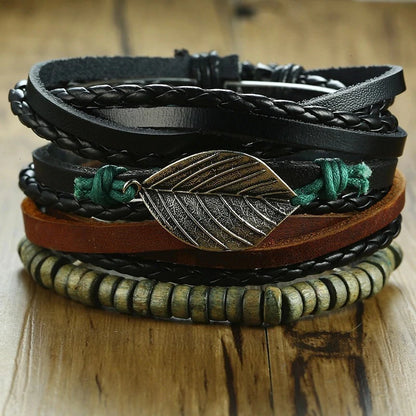 HER KING BROWN LEATHER SURF BRACELET FOR MEN WOMEN LAYERING STACK BOHO WRAP WRISTBAND 4PCS/SET - Ellianto fashion Men's