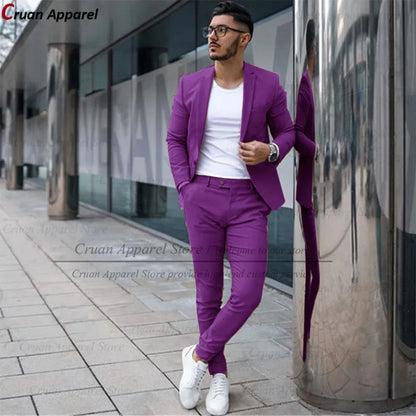 Custom Made Fashion Fuchsia Suit Men Set New Party Wedding Groom Suit Slim Fit Streetwear Casual Beige Classic Jacket Pants 2Pcs - Ellianto fashion Men's