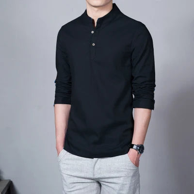 Men's Clothing Men Spring Tops & Tees Male Fashion T-Shirts Stand Collar Long-sleeved Slim Base Shirt Homme Linen t-shirt - Ellianto fashion Men's