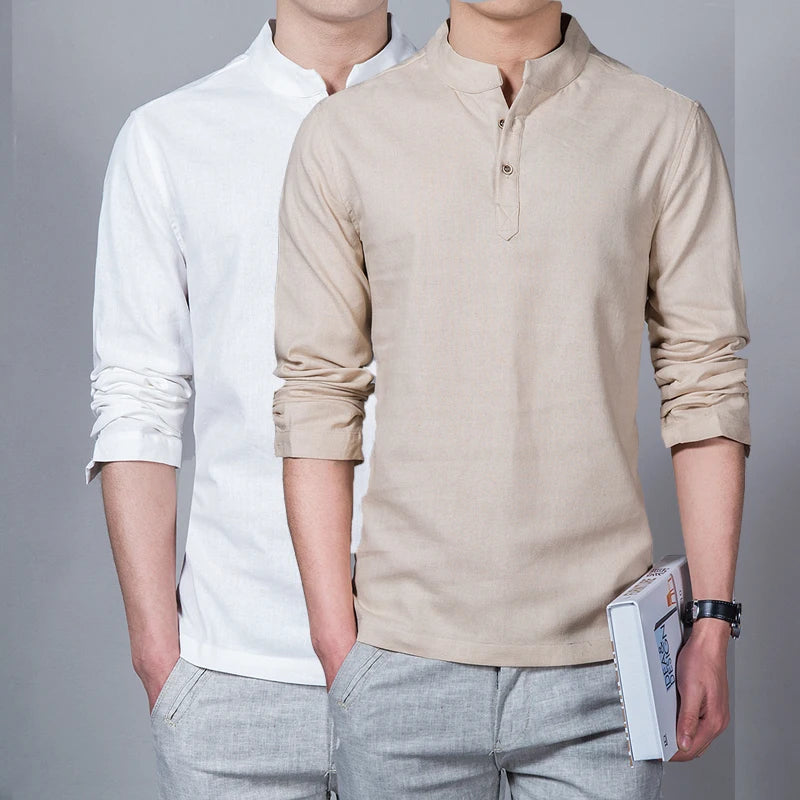 Men's Clothing Men Spring Tops & Tees Male Fashion T-Shirts Stand Collar Long-sleeved Slim Base Shirt Homme Linen t-shirt - Ellianto fashion Men's