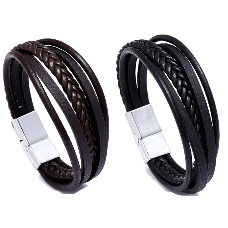 Genuine Leather Bracelet for Men Simple OL Style Man Bracelet Bangle Alloy Magnetic Clasp Wristband Hand Jewelry Bracelet Homme - Ellianto fashion Men's