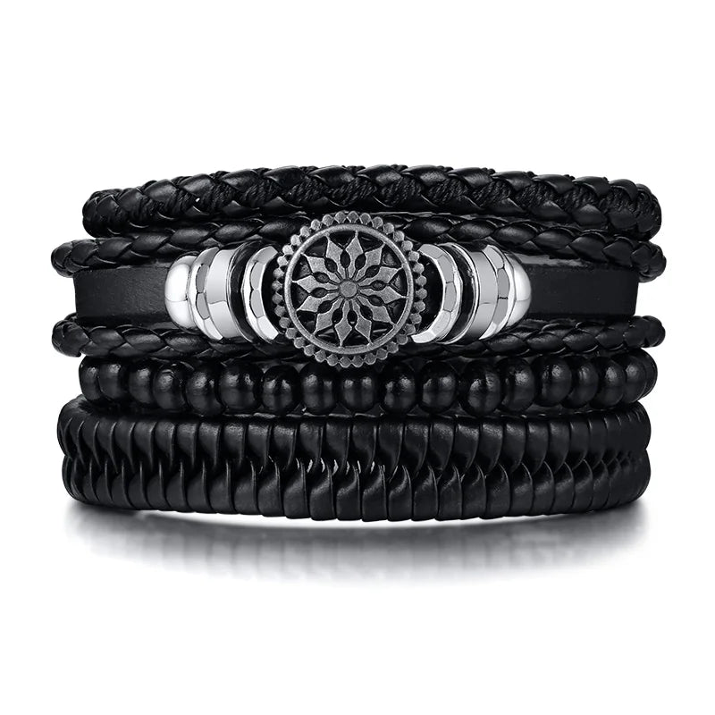 HER KING BROWN LEATHER SURF BRACELET FOR MEN WOMEN LAYERING STACK BOHO WRAP WRISTBAND 4PCS/SET - Ellianto fashion Men's