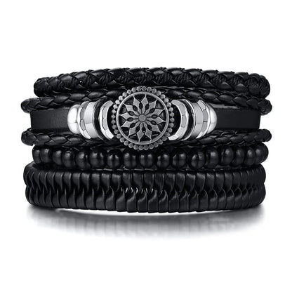 HER KING BROWN LEATHER SURF BRACELET FOR MEN WOMEN LAYERING STACK BOHO WRAP WRISTBAND 4PCS/SET - Ellianto fashion Men's