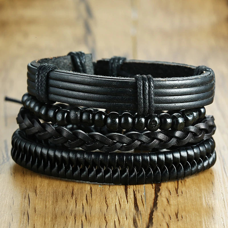 HER KING BROWN LEATHER SURF BRACELET FOR MEN WOMEN LAYERING STACK BOHO WRAP WRISTBAND 4PCS/SET - Ellianto fashion Men's