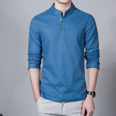 Men's Clothing Men Spring Tops & Tees Male Fashion T-Shirts Stand Collar Long-sleeved Slim Base Shirt Homme Linen t-shirt - Ellianto fashion Men's