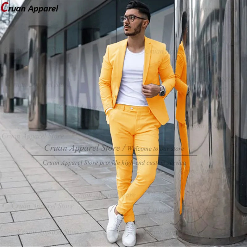 Custom Made Fashion Fuchsia Suit Men Set New Party Wedding Groom Suit Slim Fit Streetwear Casual Beige Classic Jacket Pants 2Pcs - Ellianto fashion Men's