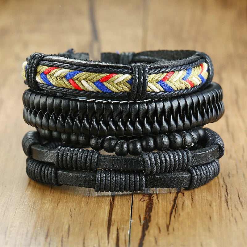HER KING BROWN LEATHER SURF BRACELET FOR MEN WOMEN LAYERING STACK BOHO WRAP WRISTBAND 4PCS/SET - Ellianto fashion Men's