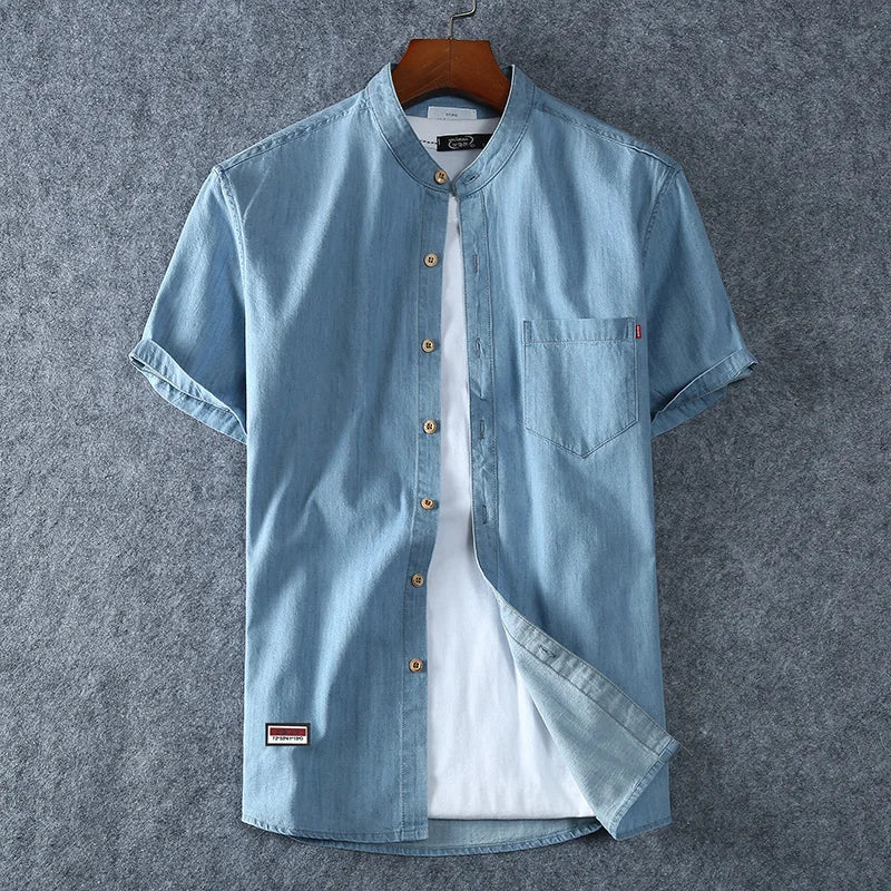 Men's Blue Denim Shirts Short Sleeve Jean Shirts New Summer High Quality Men Cotton Light Blue Denim Shirts Plus size L-8XL - Ellianto fashion Men's