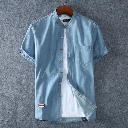 Men's Blue Denim Shirts Short Sleeve Jean Shirts New Summer High Quality Men Cotton Light Blue Denim Shirts Plus size L-8XL - Ellianto fashion Men's