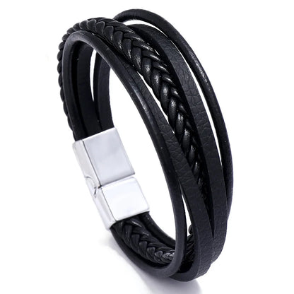 Genuine Leather Bracelet for Men Simple OL Style Man Bracelet Bangle Alloy Magnetic Clasp Wristband Hand Jewelry Bracelet Homme - Ellianto fashion Men's