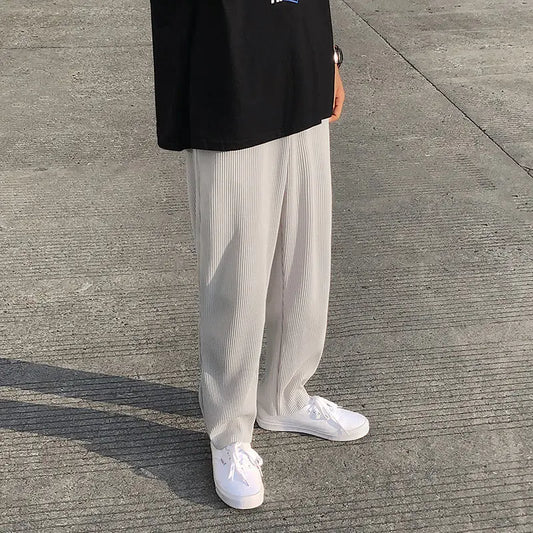 Summer Pleated Straight Pants – Lightweight Ice Silk Comfort and Effortless Japanese Streetwear Style for the Modern Gentleman