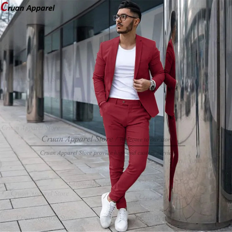 Custom Made Fashion Fuchsia Suit Men Set New Party Wedding Groom Suit Slim Fit Streetwear Casual Beige Classic Jacket Pants 2Pcs - Ellianto fashion Men's