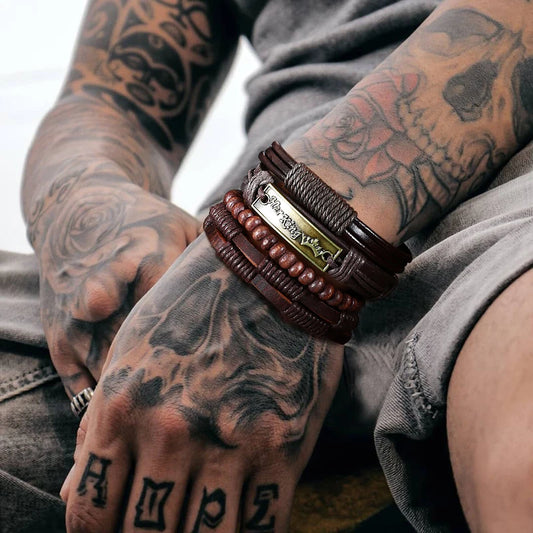 HER KING BROWN LEATHER SURF BRACELET FOR MEN WOMEN LAYERING STACK BOHO WRAP WRISTBAND 4PCS/SET - Ellianto fashion Men's