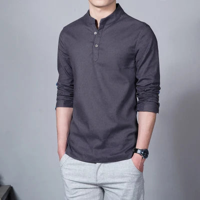 Men's Clothing Men Spring Tops & Tees Male Fashion T-Shirts Stand Collar Long-sleeved Slim Base Shirt Homme Linen t-shirt - Ellianto fashion Men's