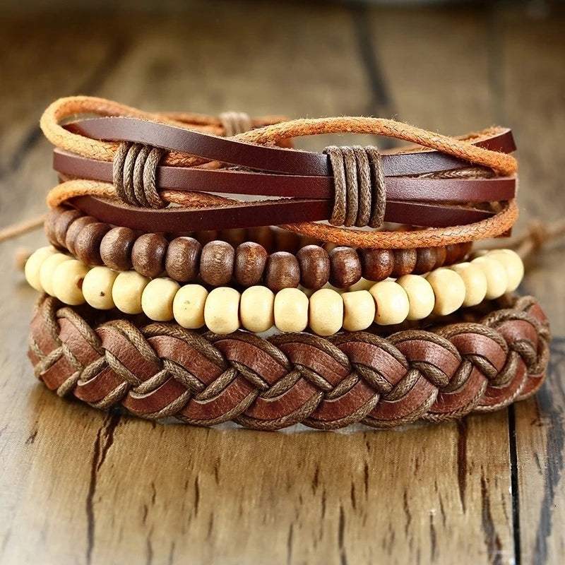 HER KING BROWN LEATHER SURF BRACELET FOR MEN WOMEN LAYERING STACK BOHO WRAP WRISTBAND 4PCS/SET - Ellianto fashion Men's