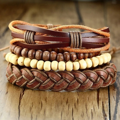 HER KING BROWN LEATHER SURF BRACELET FOR MEN WOMEN LAYERING STACK BOHO WRAP WRISTBAND 4PCS/SET - Ellianto fashion Men's