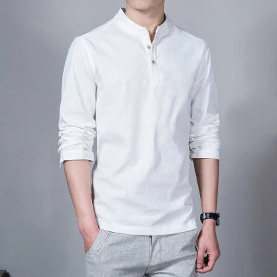 Men's Clothing Men Spring Tops & Tees Male Fashion T-Shirts Stand Collar Long-sleeved Slim Base Shirt Homme Linen t-shirt - Ellianto fashion Men's