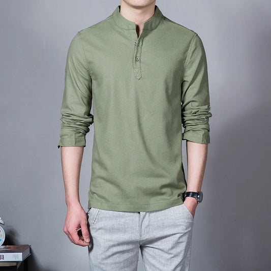 Men's Clothing Men Spring Tops & Tees Male Fashion T-Shirts Stand Collar Long-sleeved Slim Base Shirt Homme Linen t-shirt - Ellianto fashion Men's