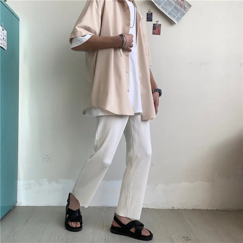 Summer Pleated Straight Pants – Lightweight Ice Silk Comfort and Effortless Japanese Streetwear Style for the Modern Gentleman