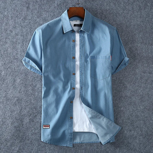 Men's Blue Denim Shirts Short Sleeve Jean Shirts New Summer High Quality Men Cotton Light Blue Denim Shirts Plus size L-8XL - Ellianto fashion Men's