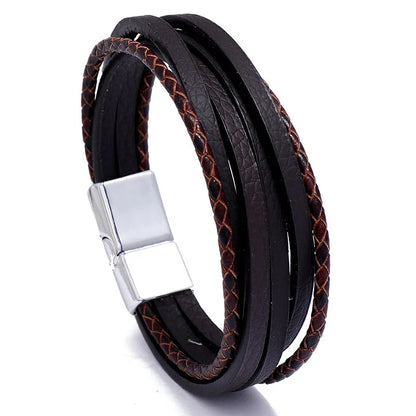 Genuine Leather Bracelet for Men Simple OL Style Man Bracelet Bangle Alloy Magnetic Clasp Wristband Hand Jewelry Bracelet Homme - Ellianto fashion Men's