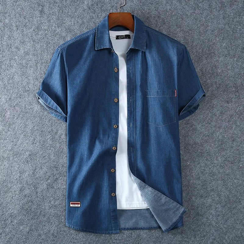 Men's Blue Denim Shirts Short Sleeve Jean Shirts New Summer High Quality Men Cotton Light Blue Denim Shirts Plus size L-8XL - Ellianto fashion Men's