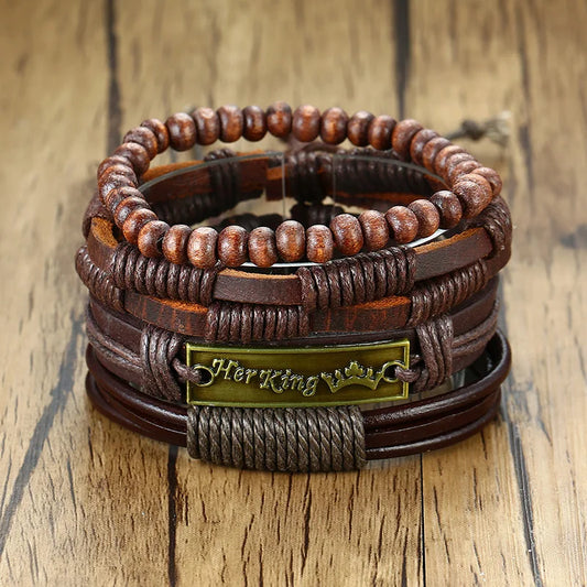 HER KING BROWN LEATHER SURF BRACELET FOR MEN WOMEN LAYERING STACK BOHO WRAP WRISTBAND 4PCS/SET - Ellianto fashion Men's
