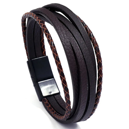 Genuine Leather Bracelet for Men Simple OL Style Man Bracelet Bangle Alloy Magnetic Clasp Wristband Hand Jewelry Bracelet Homme - Ellianto fashion Men's