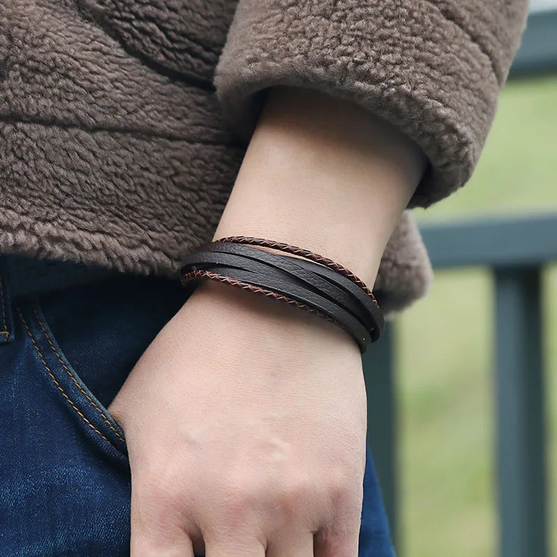 Genuine Leather Bracelet for Men Simple OL Style Man Bracelet Bangle Alloy Magnetic Clasp Wristband Hand Jewelry Bracelet Homme - Ellianto fashion Men's