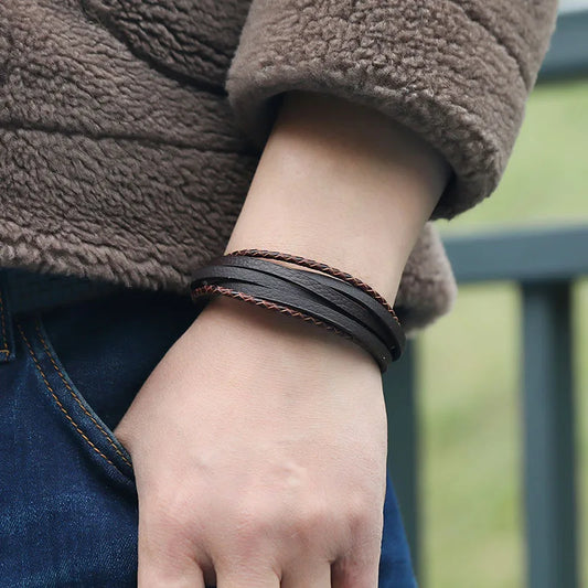 Genuine Leather Bracelet for Men Simple OL Style Man Bracelet Bangle Alloy Magnetic Clasp Wristband Hand Jewelry Bracelet Homme - Ellianto fashion Men's