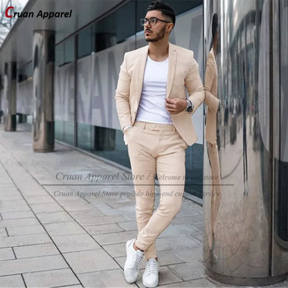 Custom Made Fashion Fuchsia Suit Men Set New Party Wedding Groom Suit Slim Fit Streetwear Casual Beige Classic Jacket Pants 2Pcs - Ellianto fashion Men's