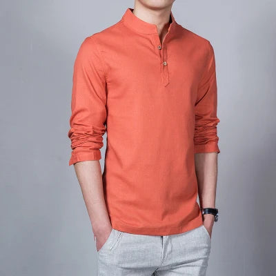 Men's Clothing Men Spring Tops & Tees Male Fashion T-Shirts Stand Collar Long-sleeved Slim Base Shirt Homme Linen t-shirt - Ellianto fashion Men's