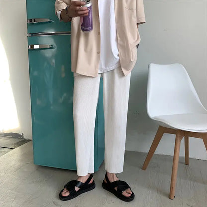Summer Pleated Straight Pants – Lightweight Ice Silk Comfort and Effortless Japanese Streetwear Style for the Modern Gentleman