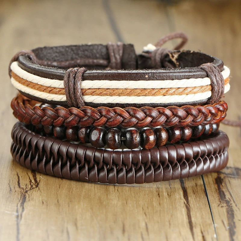 HER KING BROWN LEATHER SURF BRACELET FOR MEN WOMEN LAYERING STACK BOHO WRAP WRISTBAND 4PCS/SET - Ellianto fashion Men's
