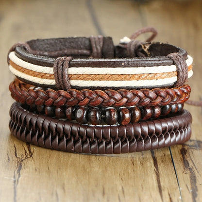 HER KING BROWN LEATHER SURF BRACELET FOR MEN WOMEN LAYERING STACK BOHO WRAP WRISTBAND 4PCS/SET - Ellianto fashion Men's