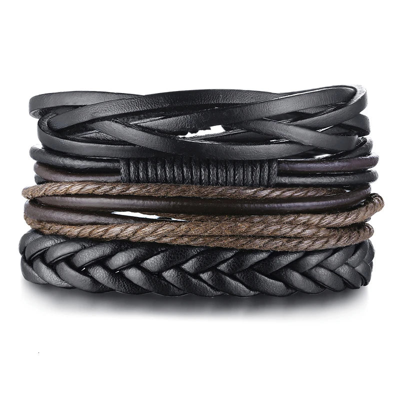 HER KING BROWN LEATHER SURF BRACELET FOR MEN WOMEN LAYERING STACK BOHO WRAP WRISTBAND 4PCS/SET - Ellianto fashion Men's
