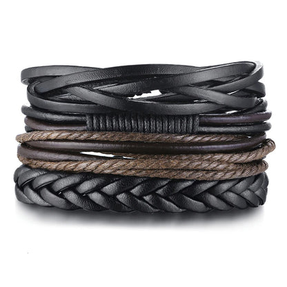 HER KING BROWN LEATHER SURF BRACELET FOR MEN WOMEN LAYERING STACK BOHO WRAP WRISTBAND 4PCS/SET - Ellianto fashion Men's