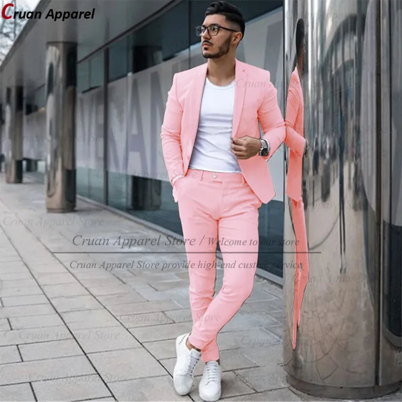 Custom Made Fashion Fuchsia Suit Men Set New Party Wedding Groom Suit Slim Fit Streetwear Casual Beige Classic Jacket Pants 2Pcs - Ellianto fashion Men's