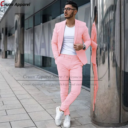 Custom Made Fashion Fuchsia Suit Men Set New Party Wedding Groom Suit Slim Fit Streetwear Casual Beige Classic Jacket Pants 2Pcs - Ellianto fashion Men's