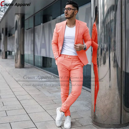 Custom Made Fashion Fuchsia Suit Men Set New Party Wedding Groom Suit Slim Fit Streetwear Casual Beige Classic Jacket Pants 2Pcs - Ellianto fashion Men's