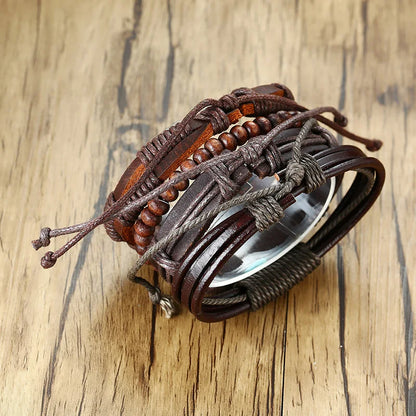 HER KING BROWN LEATHER SURF BRACELET FOR MEN WOMEN LAYERING STACK BOHO WRAP WRISTBAND 4PCS/SET - Ellianto fashion Men's