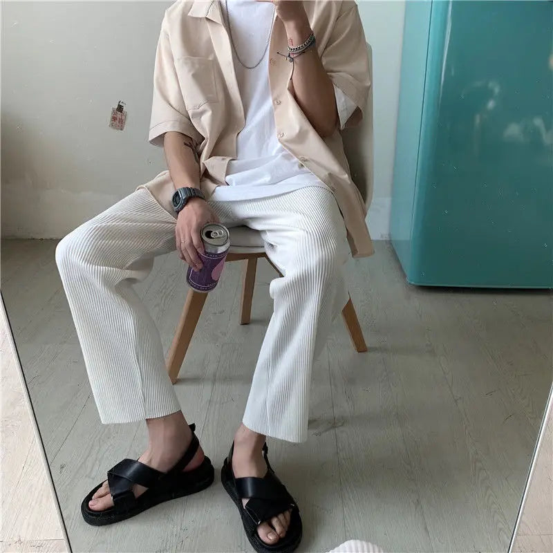 Summer Pleated Straight Pants – Lightweight Ice Silk Comfort and Effortless Japanese Streetwear Style for the Modern Gentleman