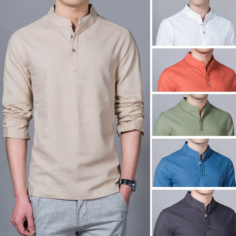 Men's Clothing Men Spring Tops & Tees Male Fashion T-Shirts Stand Collar Long-sleeved Slim Base Shirt Homme Linen t-shirt - Ellianto fashion Men's