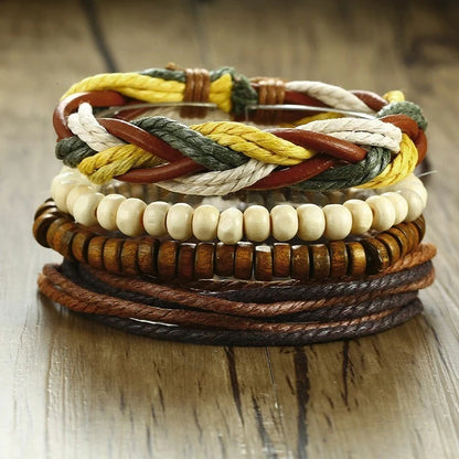 HER KING BROWN LEATHER SURF BRACELET FOR MEN WOMEN LAYERING STACK BOHO WRAP WRISTBAND 4PCS/SET - Ellianto fashion Men's