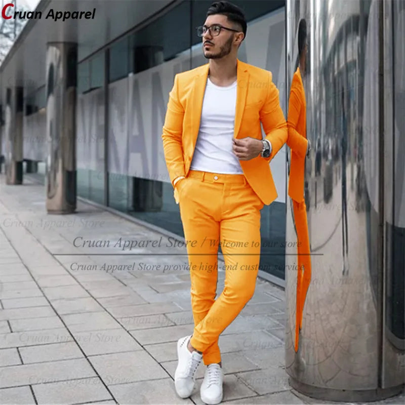 Custom Made Fashion Fuchsia Suit Men Set New Party Wedding Groom Suit Slim Fit Streetwear Casual Beige Classic Jacket Pants 2Pcs - Ellianto fashion Men's