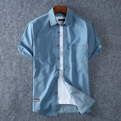 Men's Blue Denim Shirts Short Sleeve Jean Shirts New Summer High Quality Men Cotton Light Blue Denim Shirts Plus size L-8XL - Ellianto fashion Men's