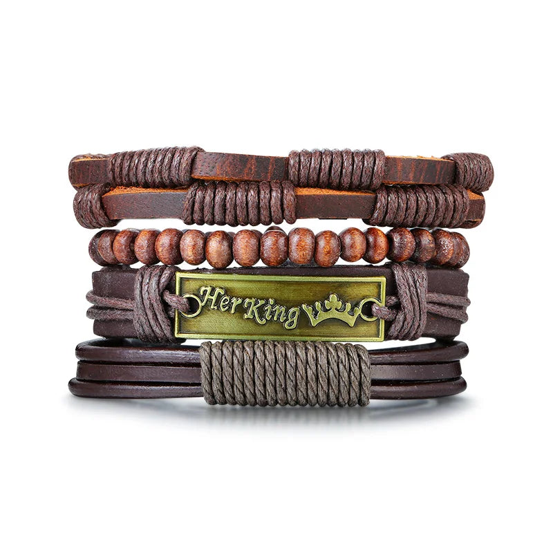 HER KING BROWN LEATHER SURF BRACELET FOR MEN WOMEN LAYERING STACK BOHO WRAP WRISTBAND 4PCS/SET - Ellianto fashion Men's